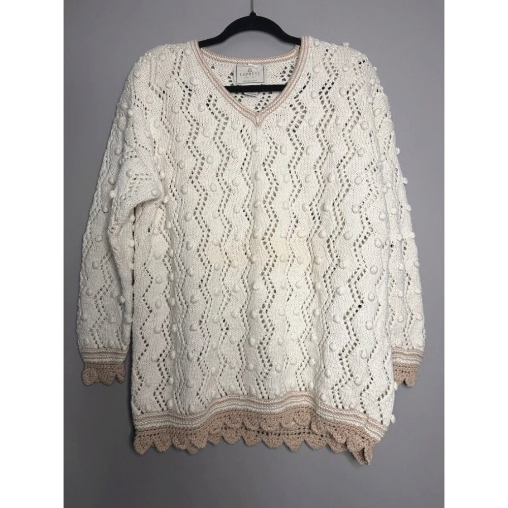 VTG Express 90s Tricot Hand Knit Popcorn Crochet Sweater Sz L Cream Cottagecore